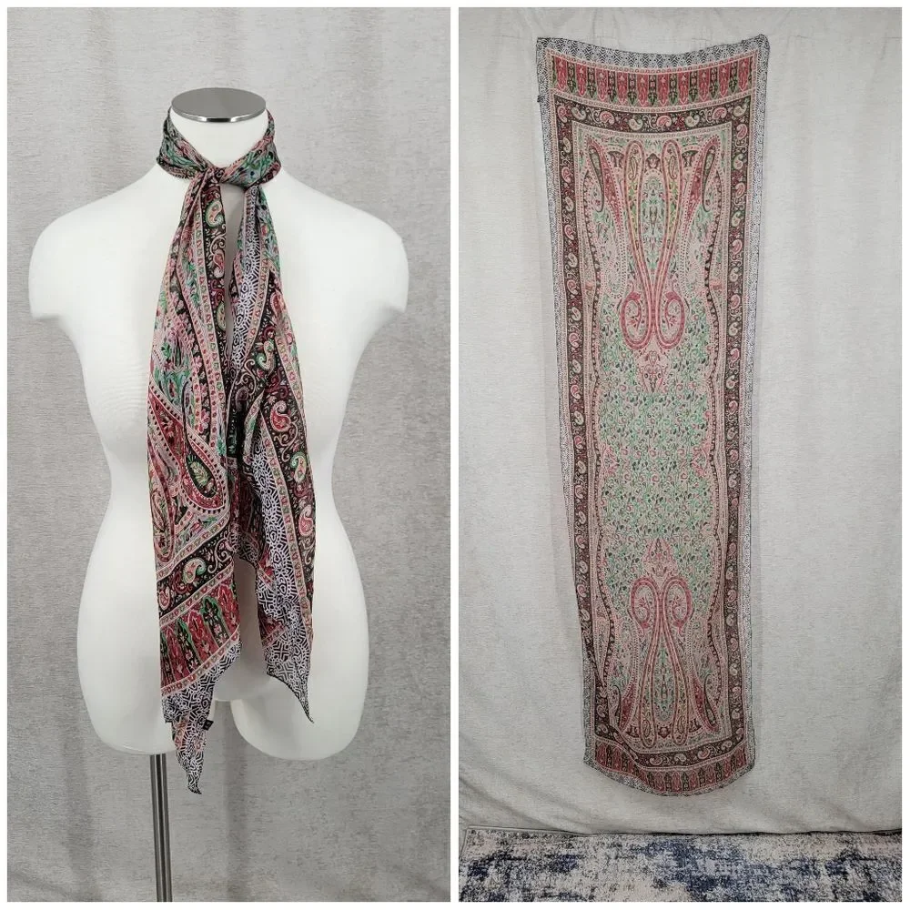 Silk Chiffon Red Green Paisley Patterned Scarf Head Wrap Belt